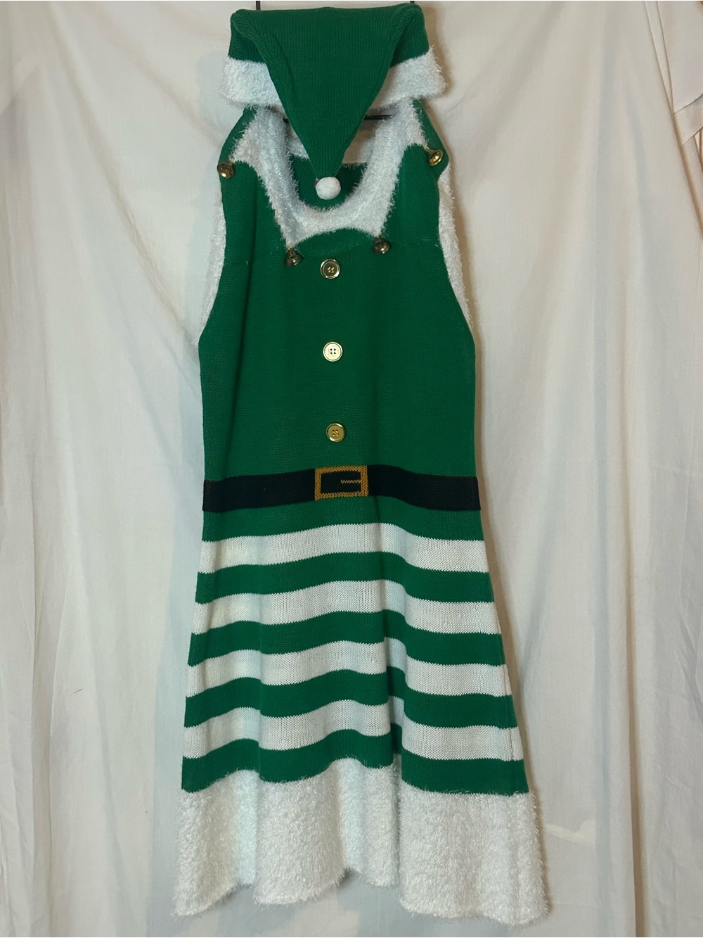 NWOT Green and White Holiday Elf Midi Dress with Cap Costume